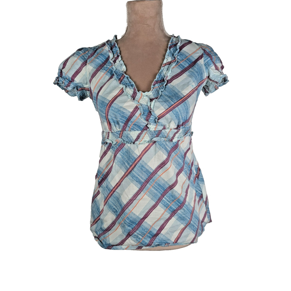 VTG Y2K Esprit Babydoll Shirt Top Blouse Sz 2 Plaid Ruffle Preppy Coquette